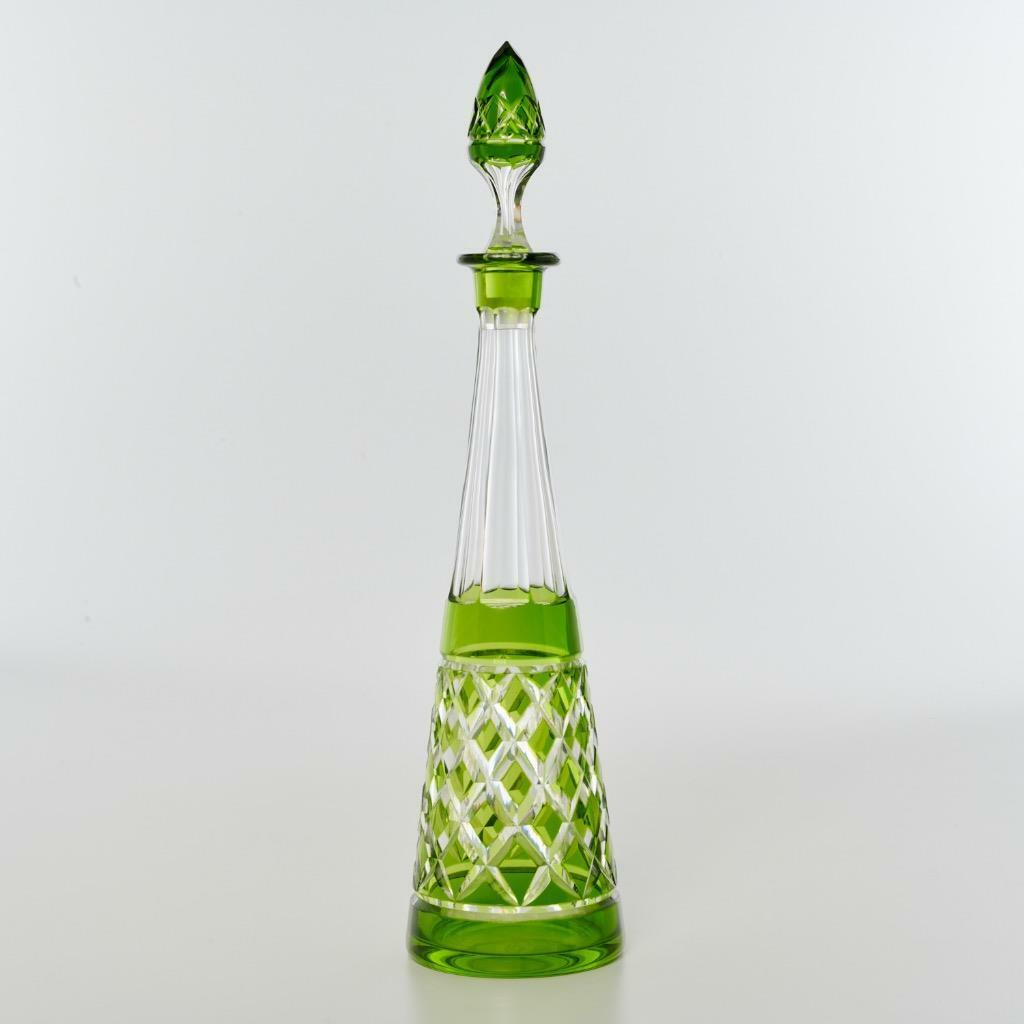 Art Deco Green Diamond Cut To Clear Crystal Glass Decanter 16.25\
