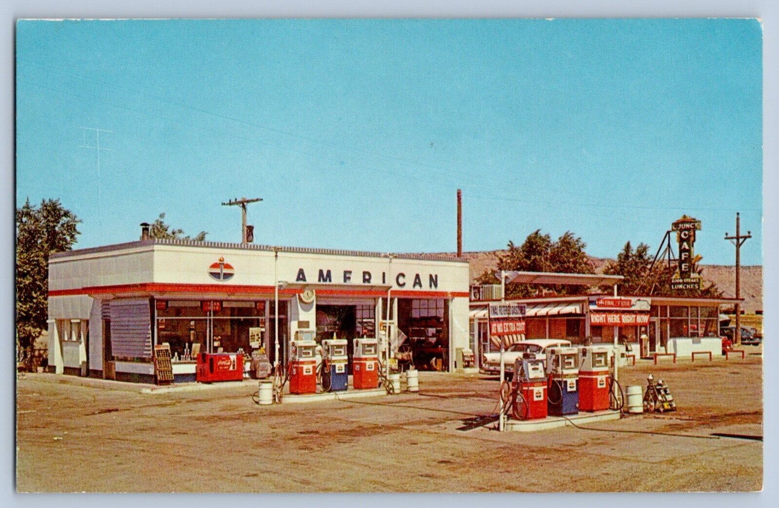 Crescent Junction Utah American Gas Station Pumps Signs Coke Cafe Postcard 1950s