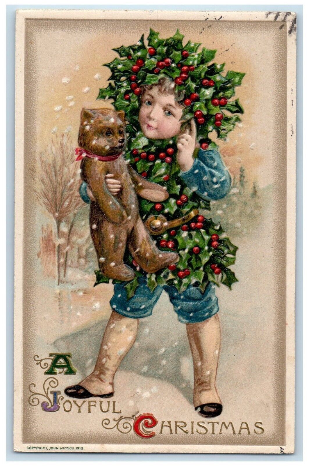 1911 Joyful Christmas Boy Holly Custome Bear John Winsch Artist Signed Postcard