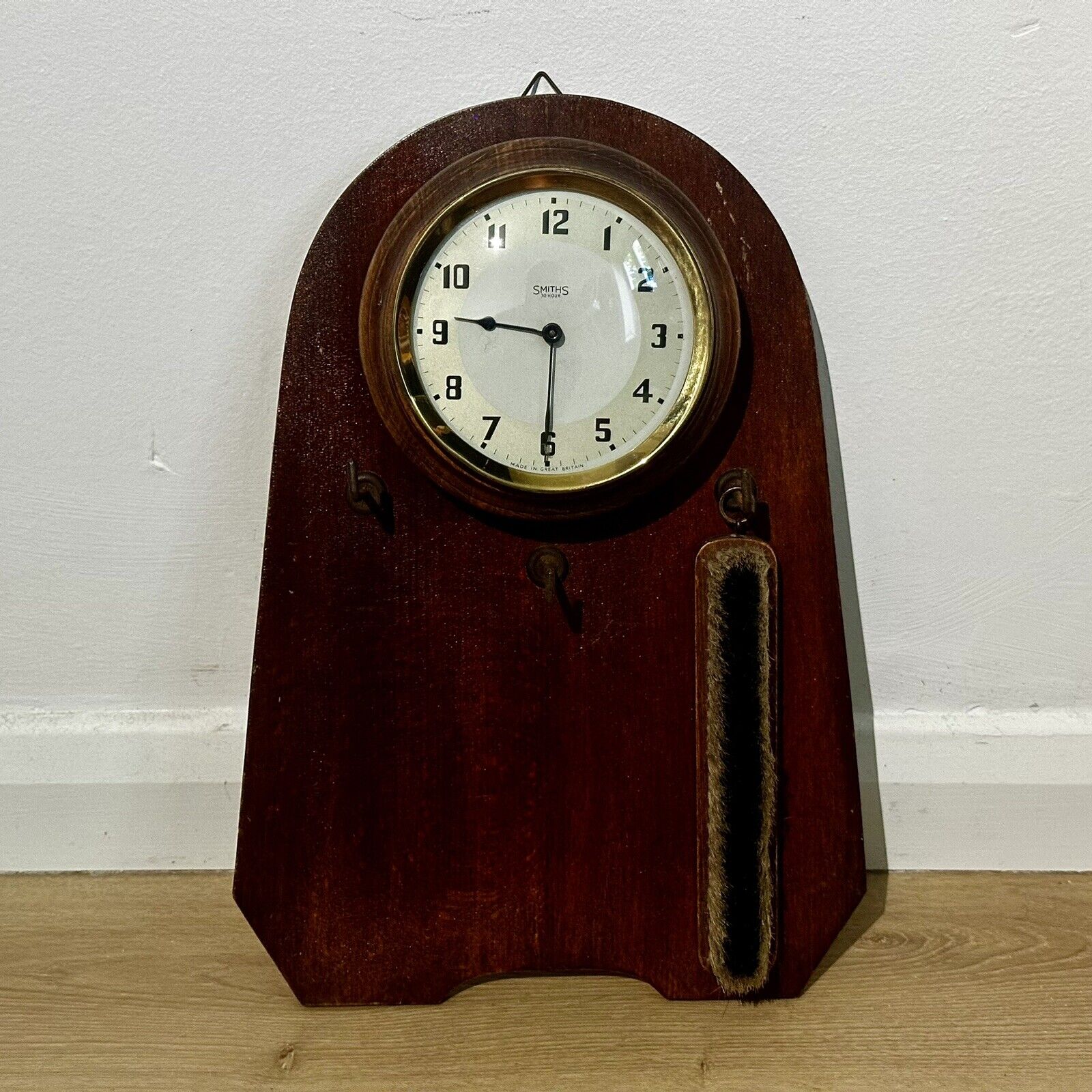 Vintage Smiths 30 Hour Clock W./ Shoe Cleaning Brush & Hooks - Rare Mid-Century