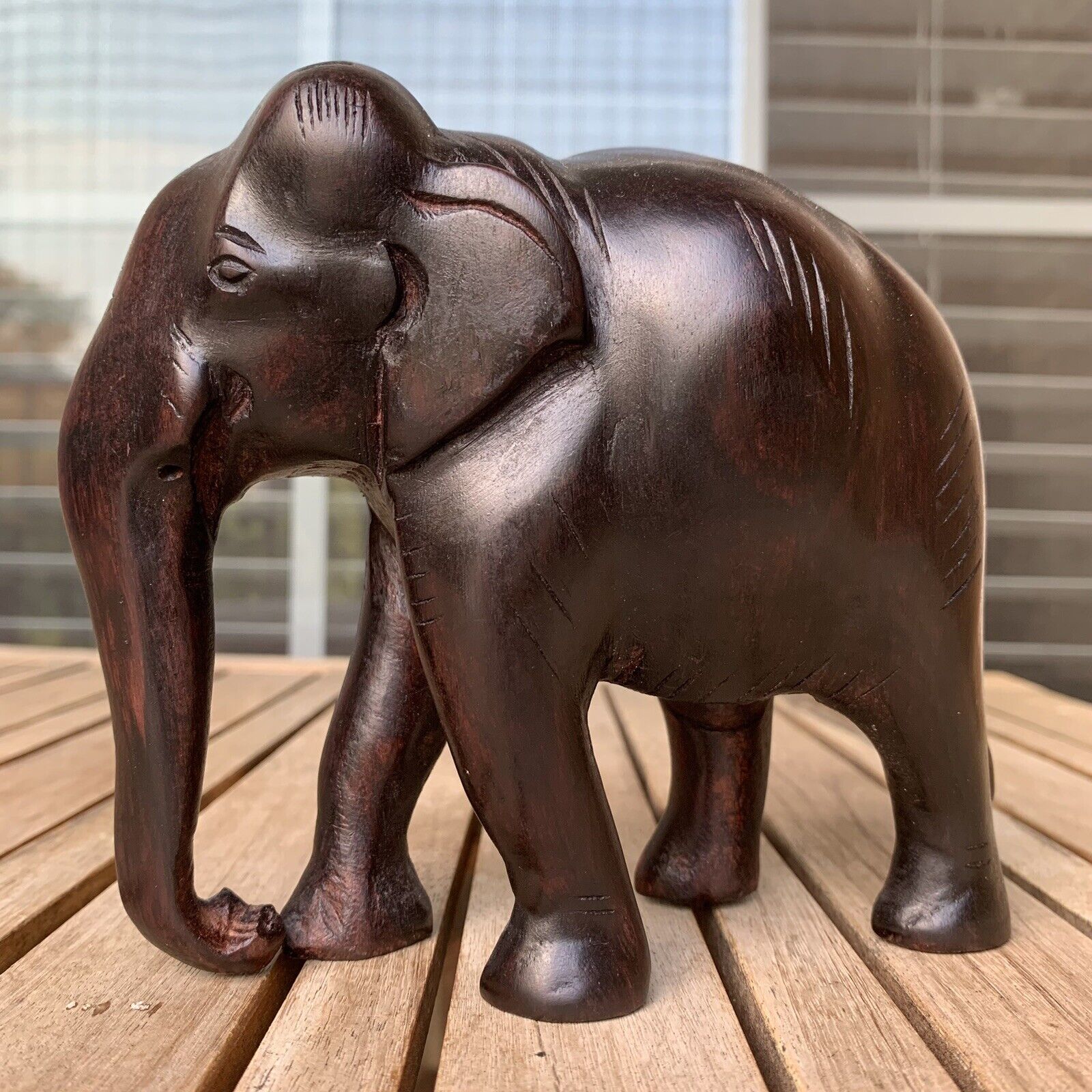 Vintage Hand Carved Elephant Wooden Sculpture Figurine Statue Traditional Lucky