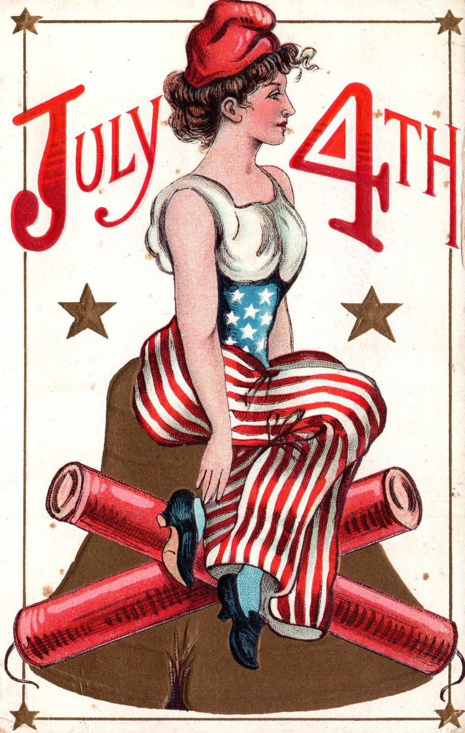 4th Of July Patriotic Postcard Lady Liberty Bell Firecracker Vintage Americana