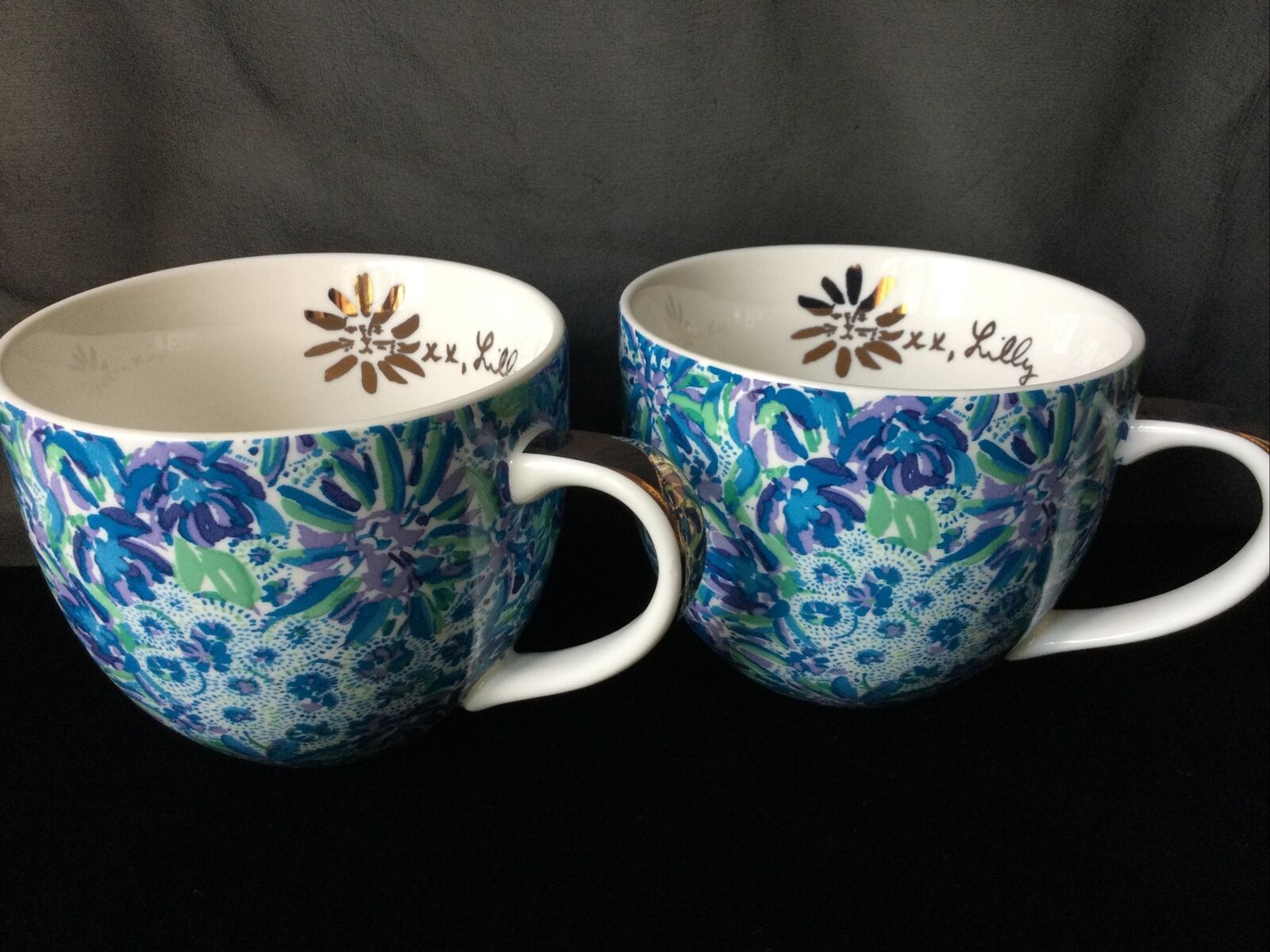 Set of 2 Lilly Pulitzer Mugs Blue Gold Floral Lion Face Logo Cups