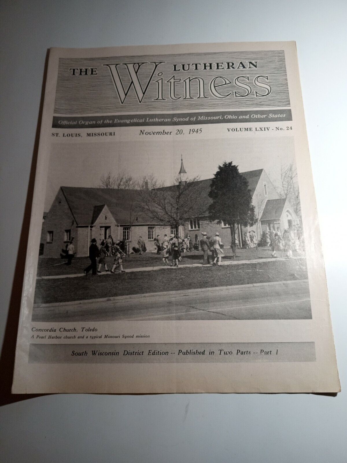 THE LUTHERAN WITNESS CONCORDIA CHURCH TOLEDO OH 11/20/1945 Fc1