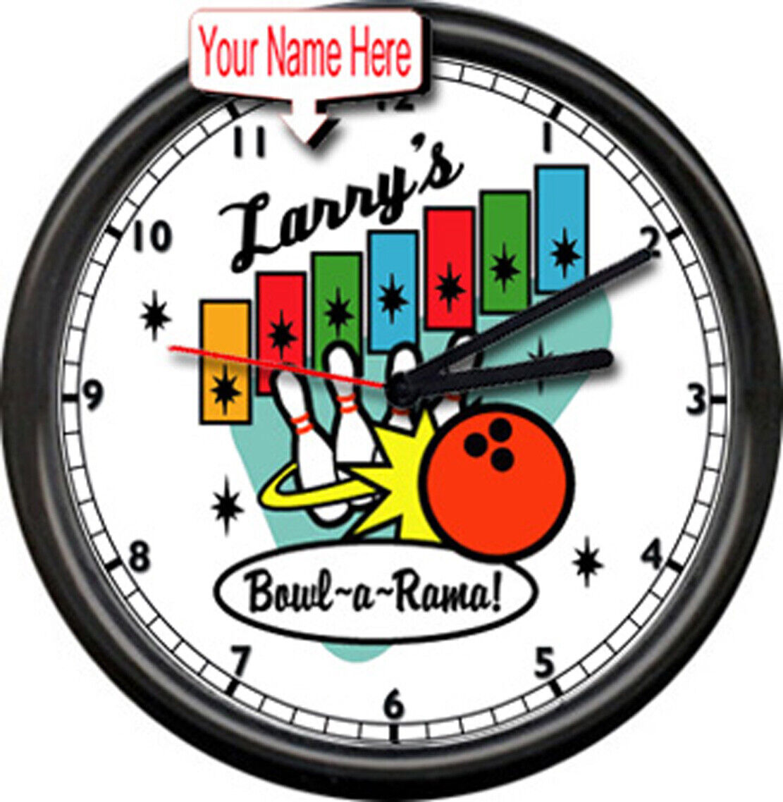 Bowling Alley Personalized Your Name Bowl-A-Rama Bowler Retro Sign Wall Clock