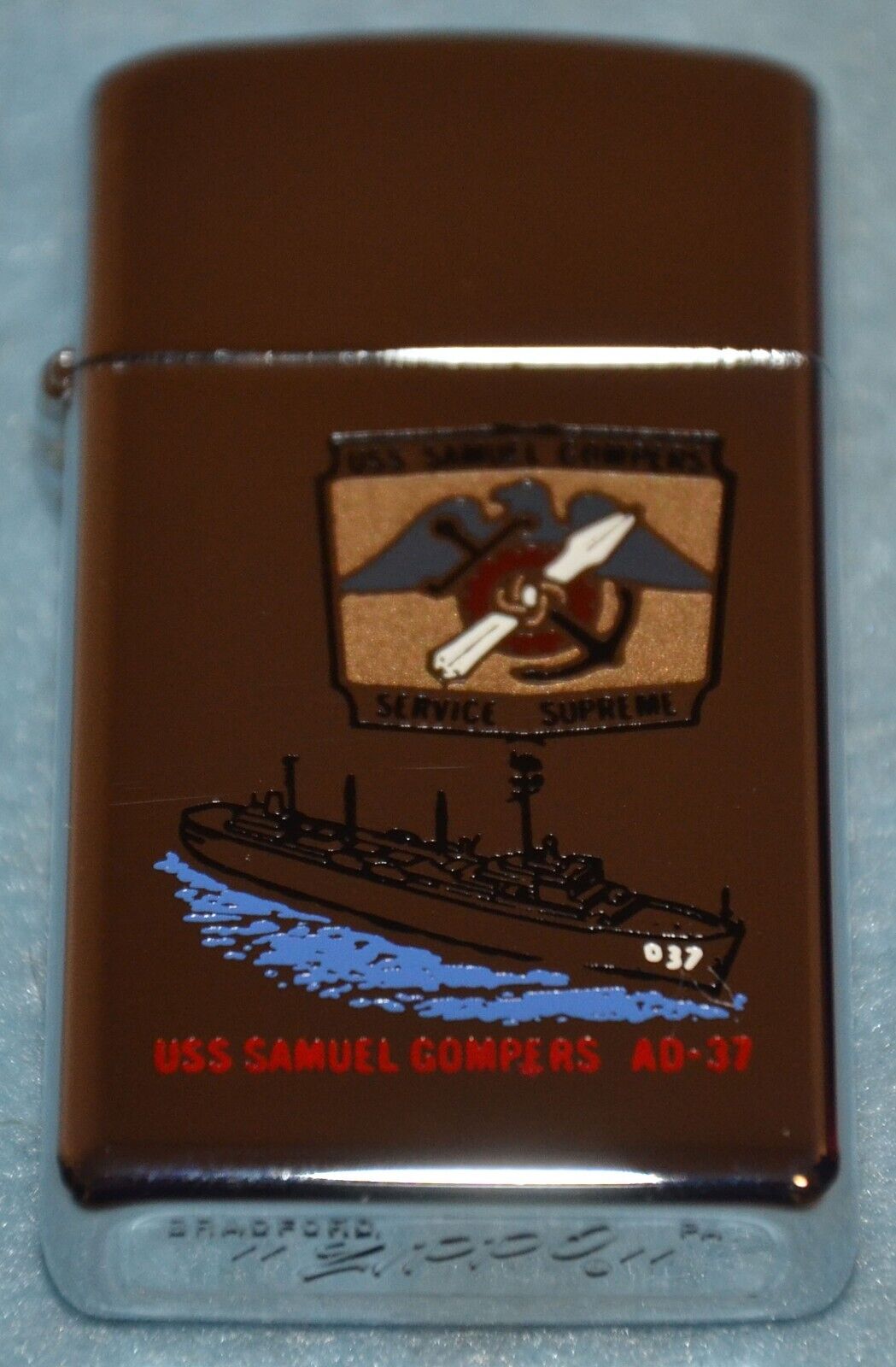 VTG USS Samuel Gompers AD-37 Zippo Slim Lighter w/ Box US Navy Destroyer Tender