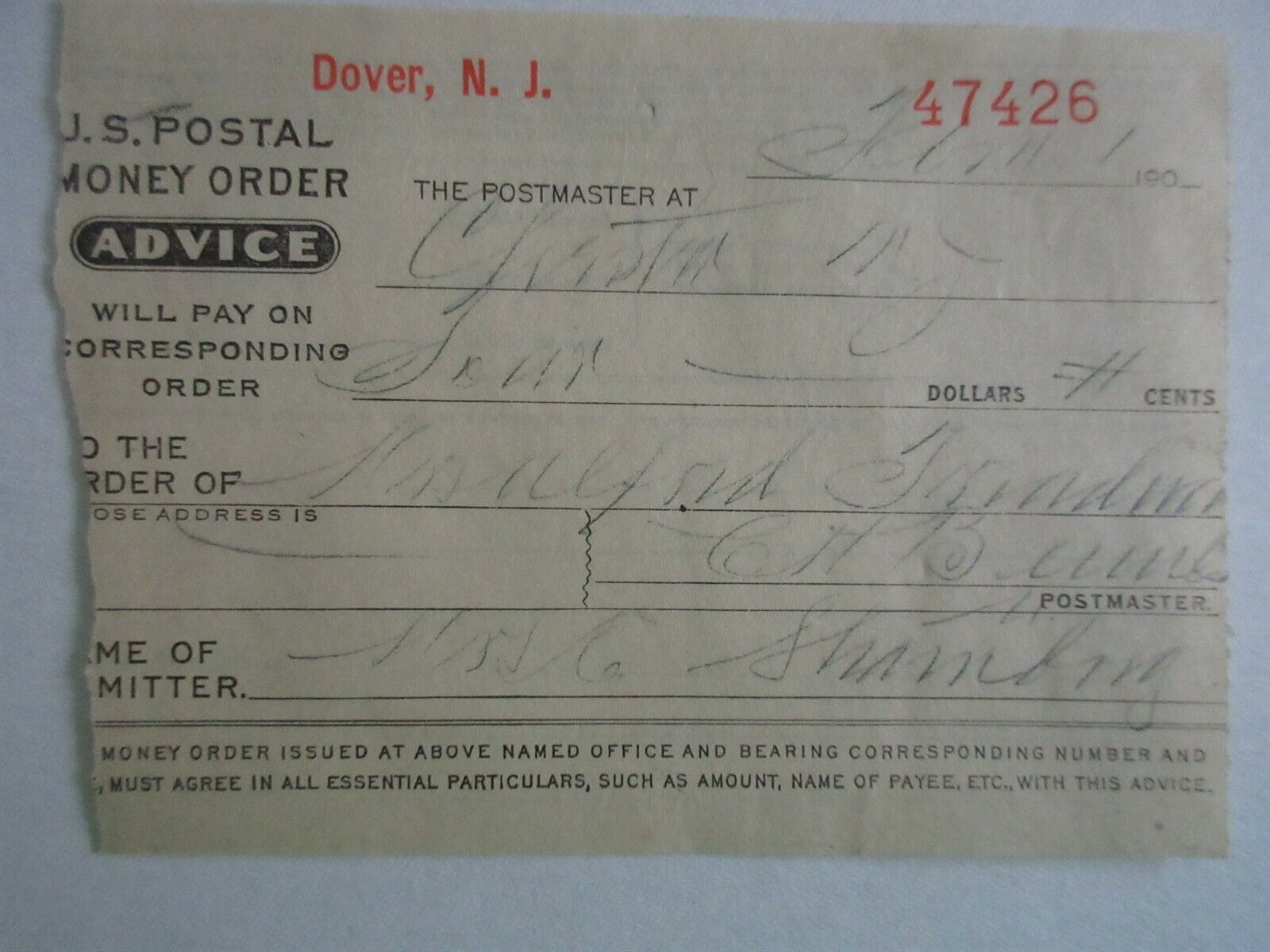 US Postal Money Order Advice 1909 Dover, New Jersey #47426