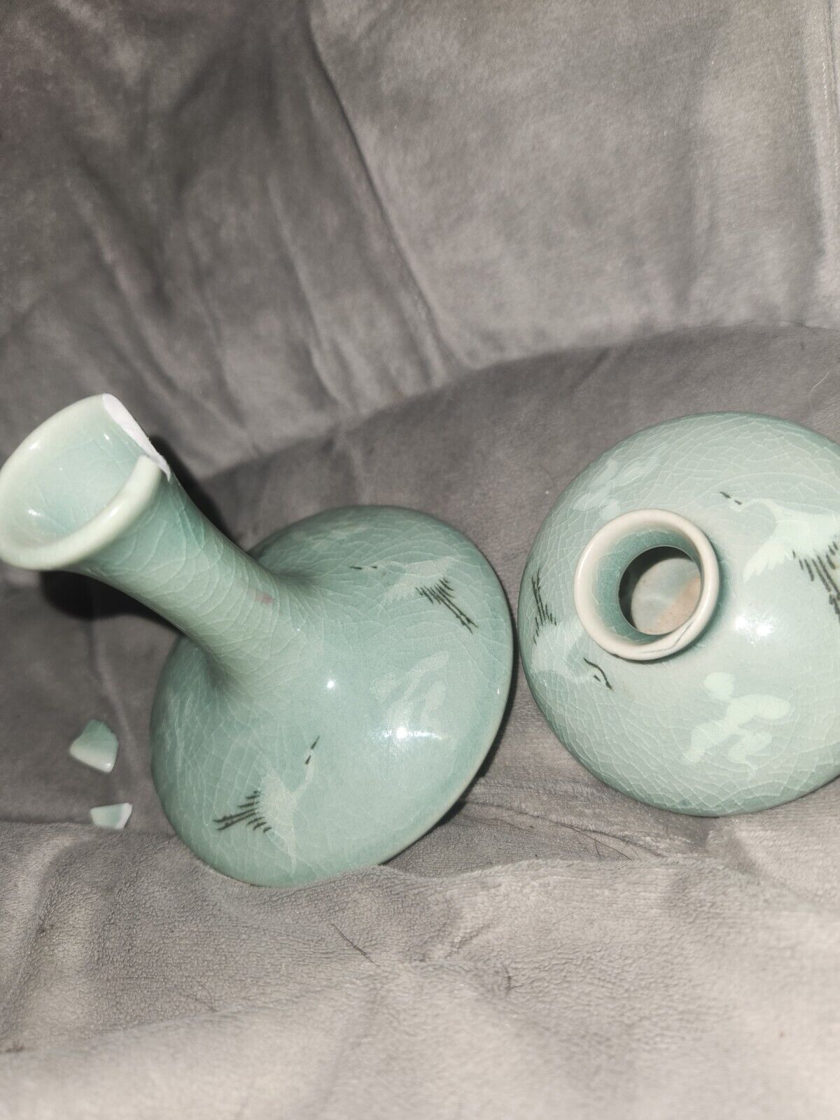 2 Small Vintage Korean Celadon Vase Tall And Short 1 Has Chip