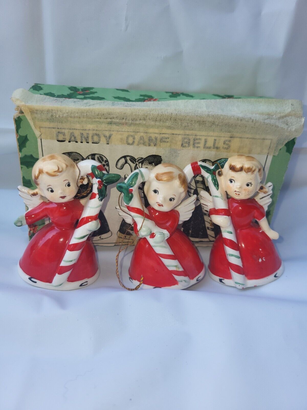 Vtg. 1950s Napco Ceramic Christmas Candy Cane Bell Angel\'s. Set of 3. IOB #809