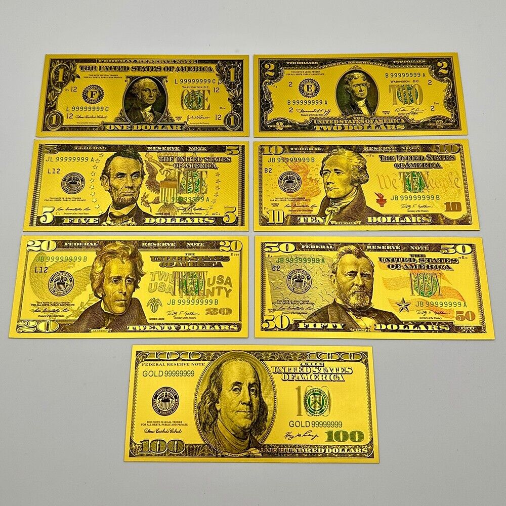 7PCS/set US Dollar Gold Banknotes 1 2 5 10 20 50 100 Bills Money Home decor Gift