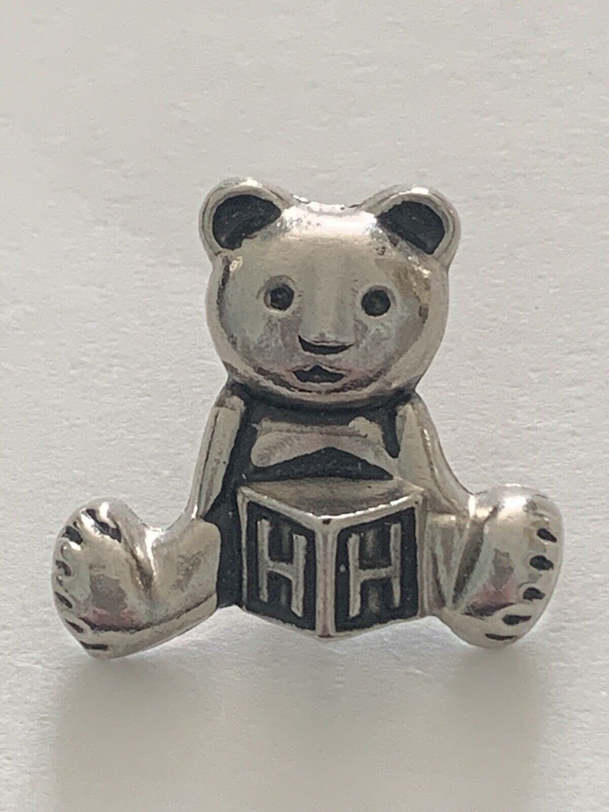 Vintage Teddy Bear Holding an HH Block Pinback Silver Tone Lapel Pin