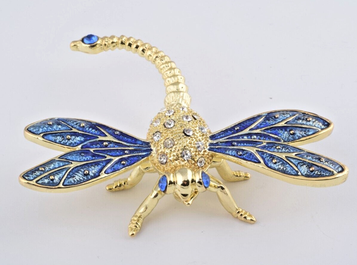 Keren Kopal Golden Blue Dragonfly  Trinket Box Decorated with Austrian Crystals