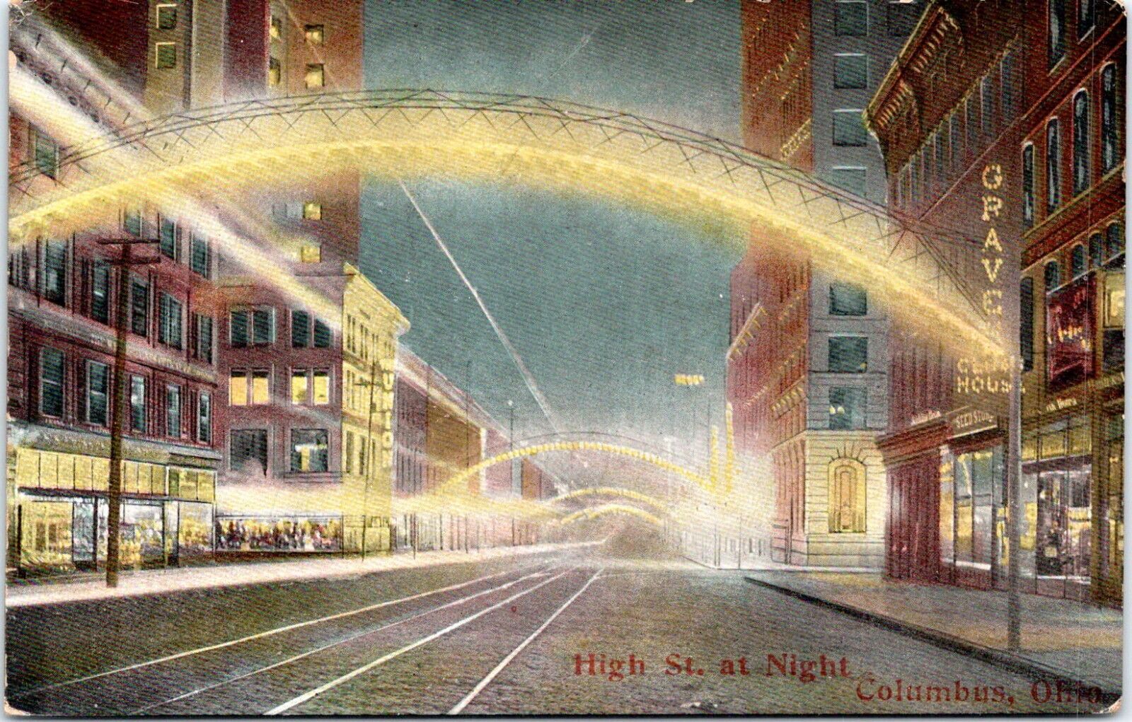c1908 Postcard. High Street At Night~ Columbus, Ohio. 