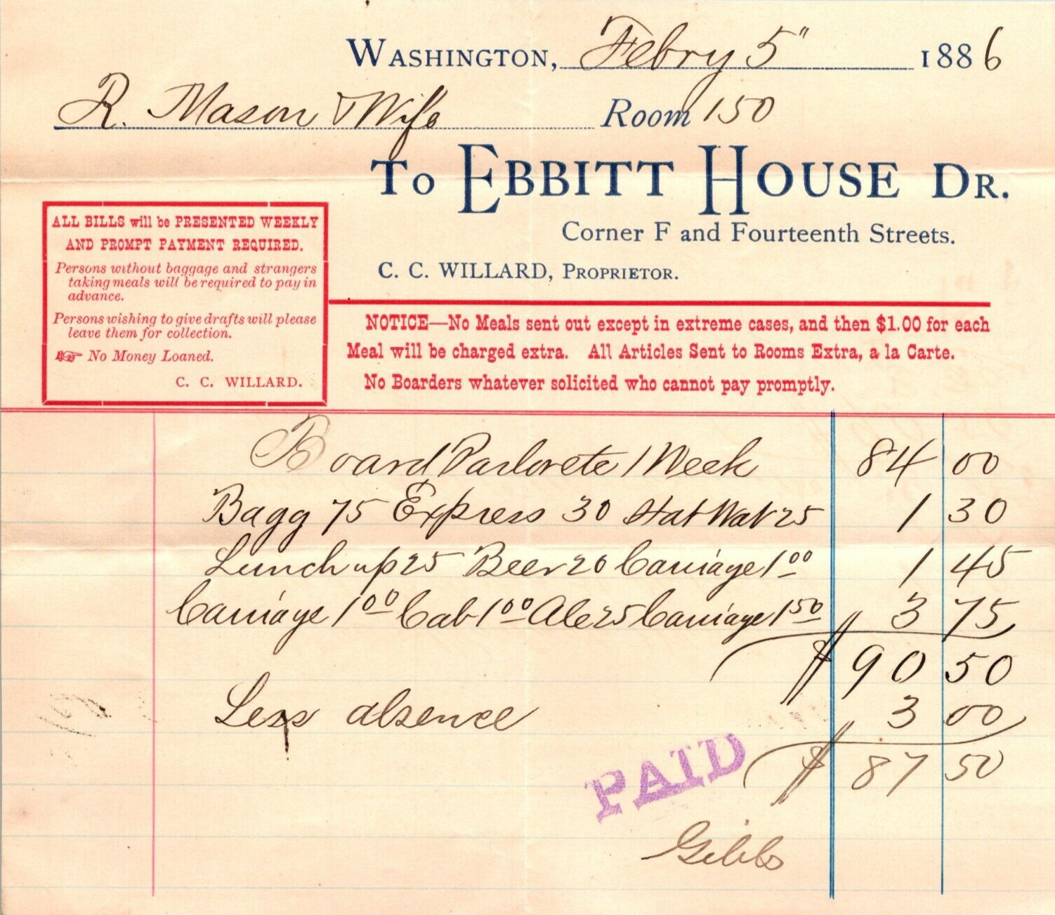Ebbitt House Washington DC 1886 Billhead for 1 week boarding