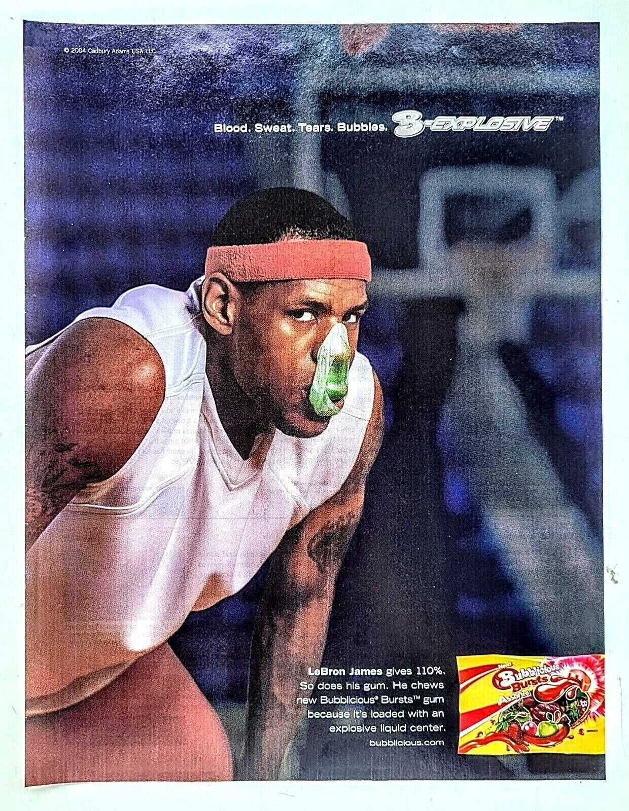  2004 LEBRON JAMES Bubblicious Bursts Gum  = Official NBA  Promo PRINT AD