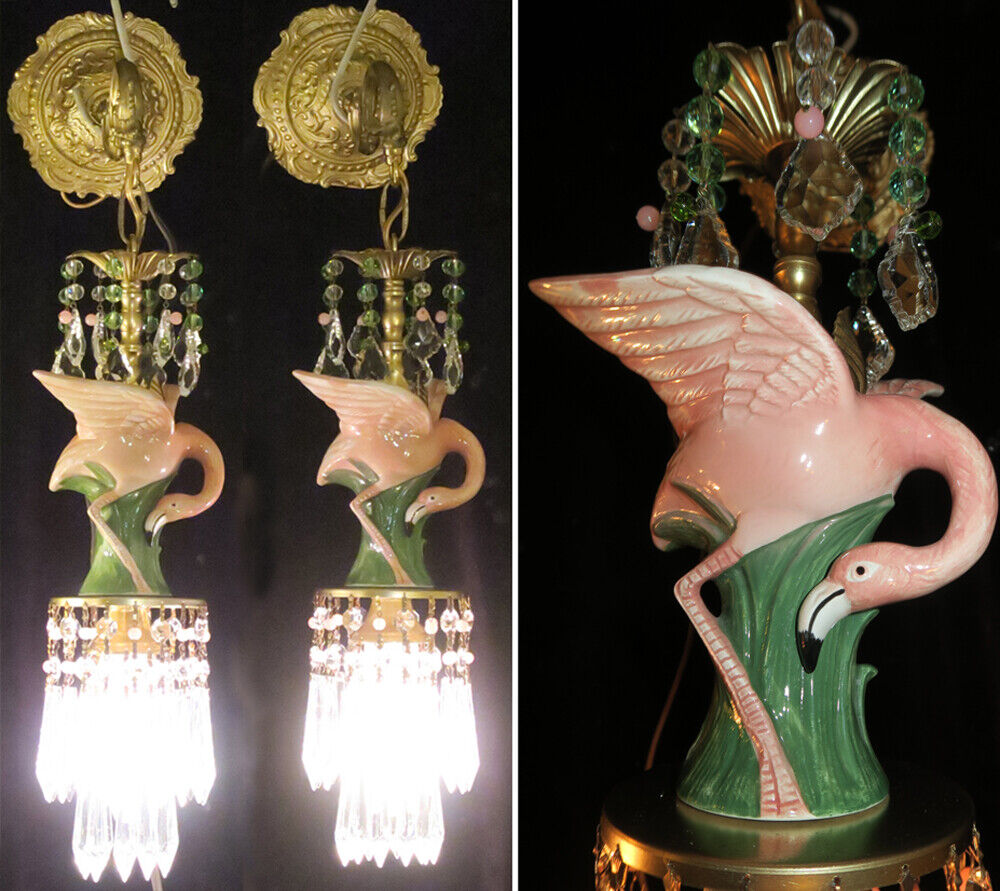 2 Sconces Tropical Pink FLAMINGO Brass vintage lamp Porcelain Beaded crystal