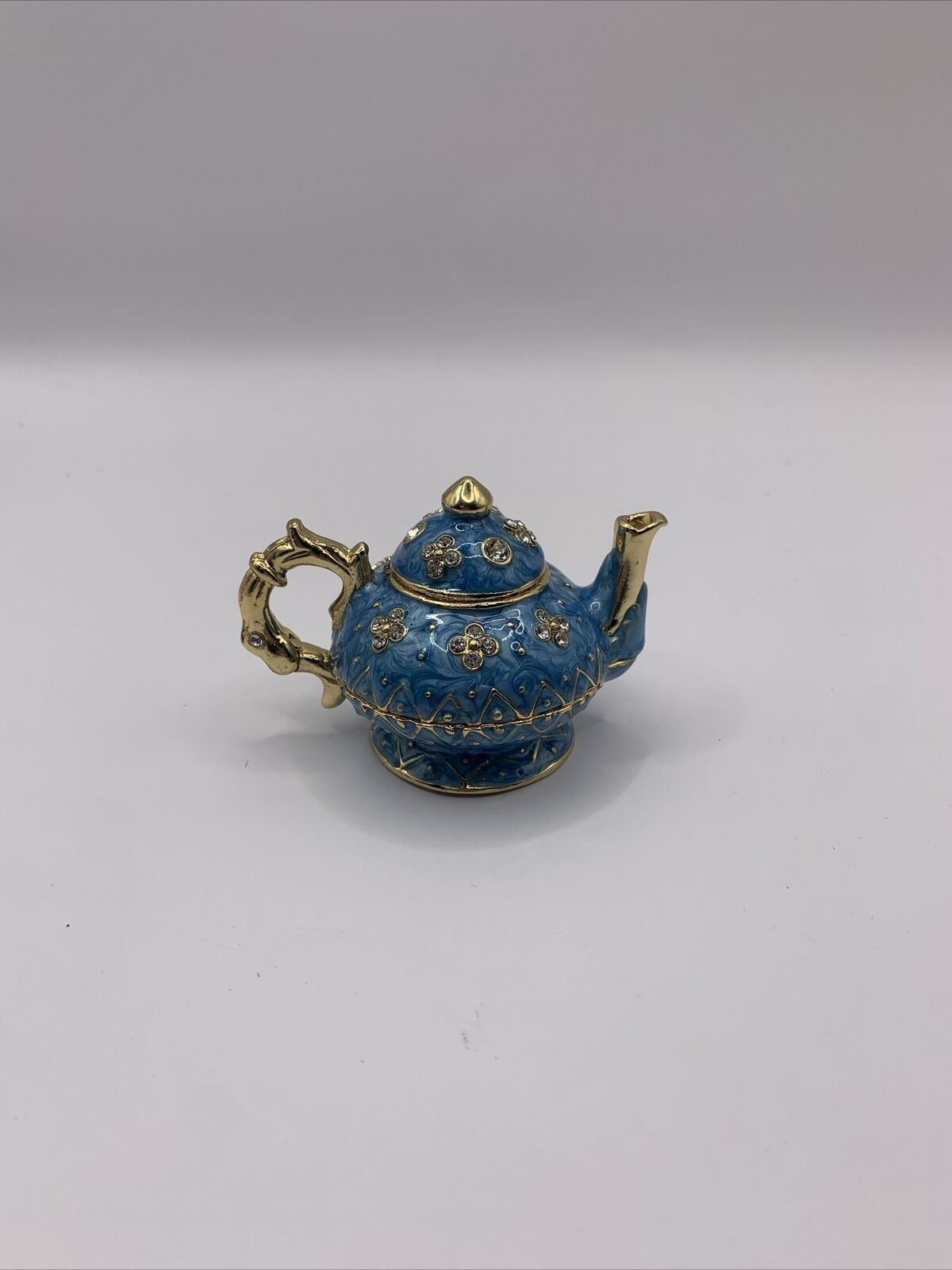Bejeweled Blue Teapot With Gold Trim Hinged Trinket Box