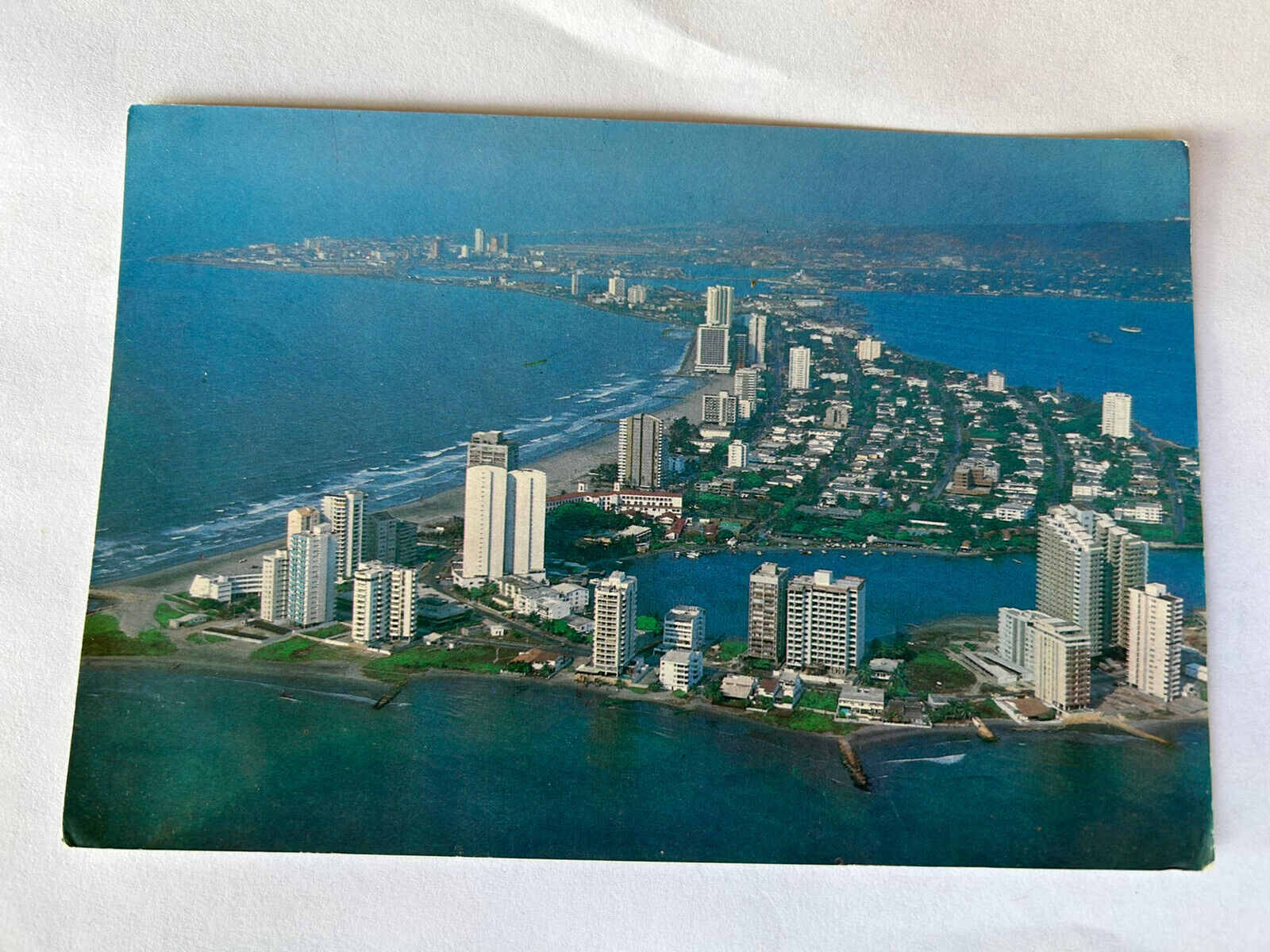 Postcard Vintage Cartagena Columbia Panorama Beach Tall Buildings Water View 