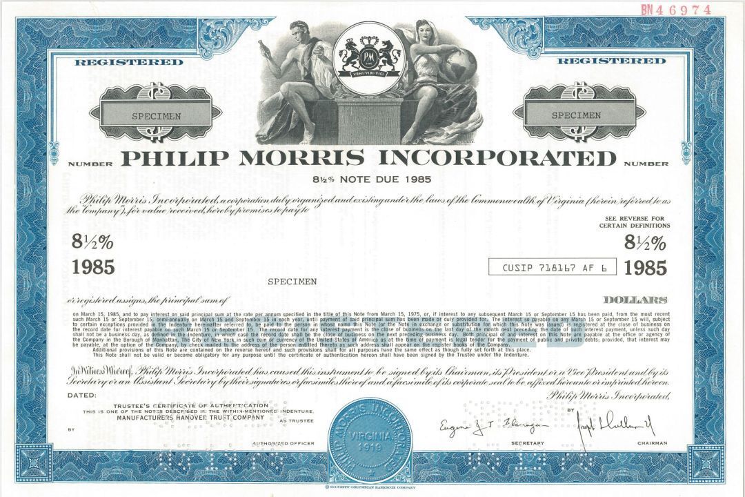 Philip Morris Incorporated - 1975 dated Specimen Bond - Famous Tobacco Company -