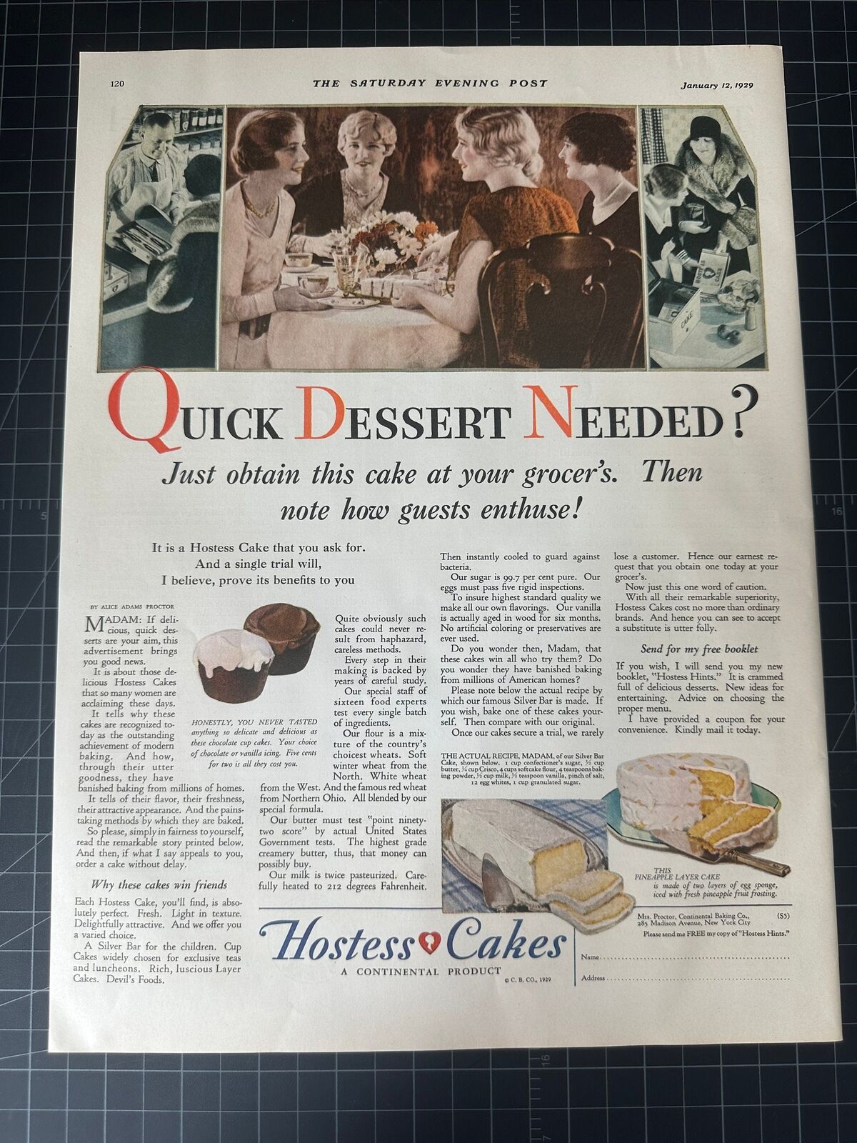 Vintage 1929 Hostess Cakes Print Ad