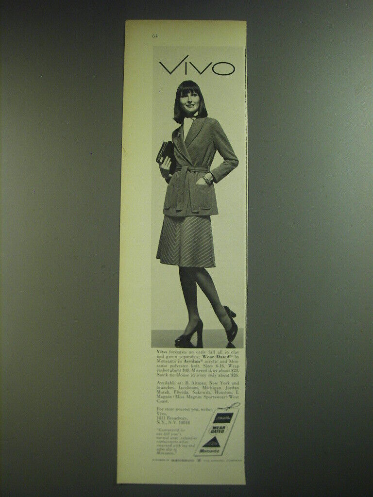 1974 Vivo Monsanto Wear Dated Skirt and Blouse Advertisement