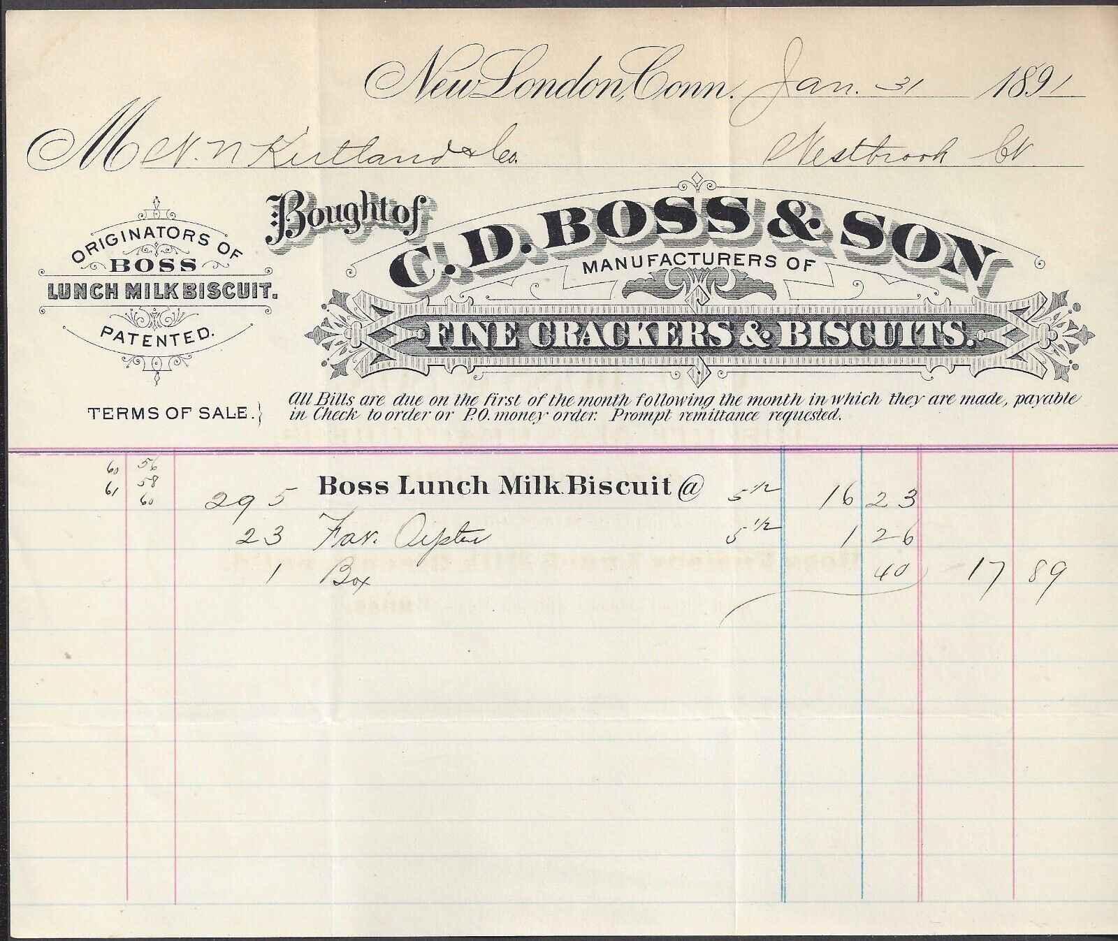 NEW LONDON, CT ~ C. D. BOSS & SON, MFRS. OF CRACKERS & BISCUITS ~ BILLHEAD 1891