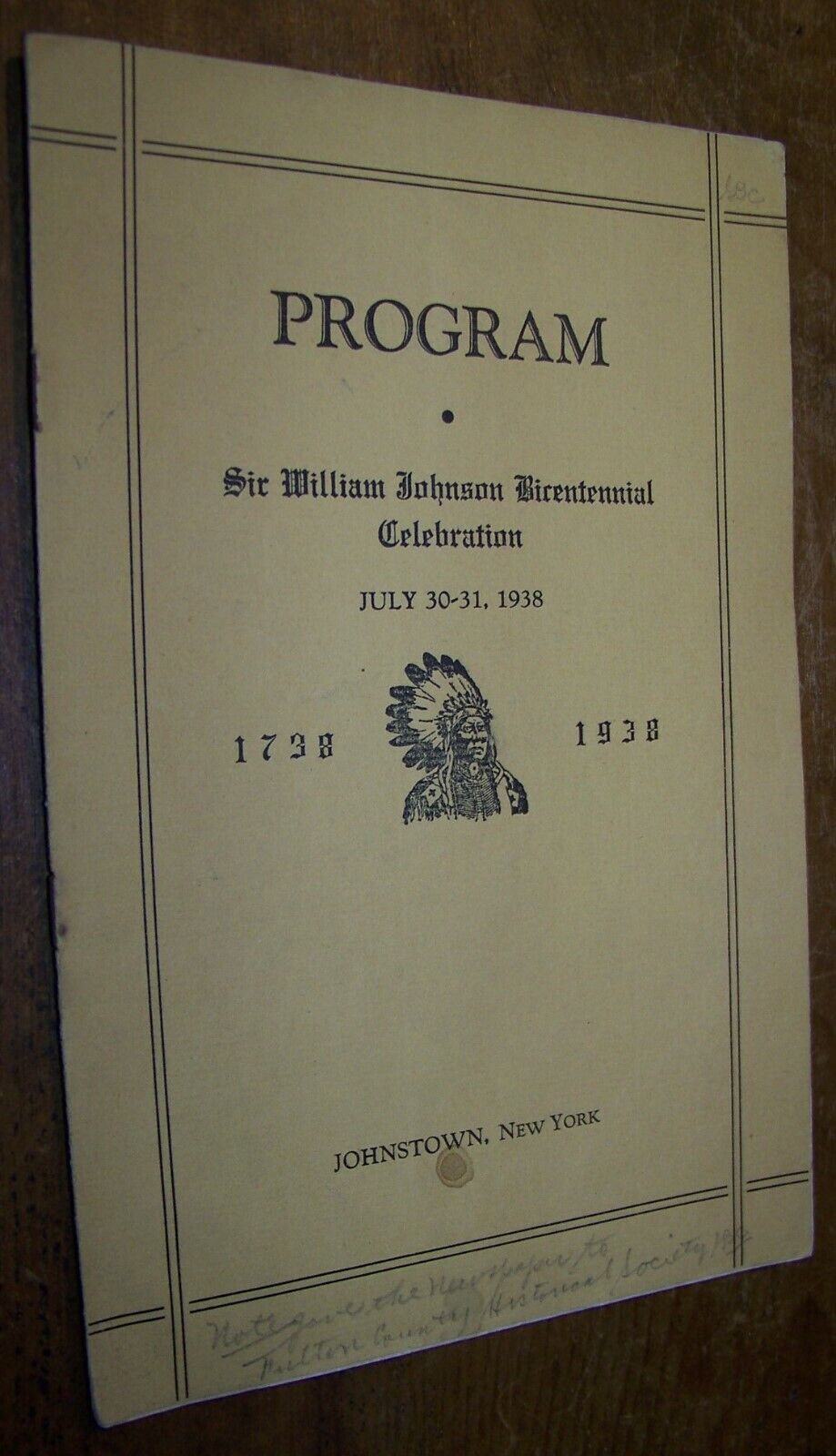 1738-1938 SIR WILLIAM JOHNSON NY BICENTENNIAL CELEBRATION HISTORY PROGRAM