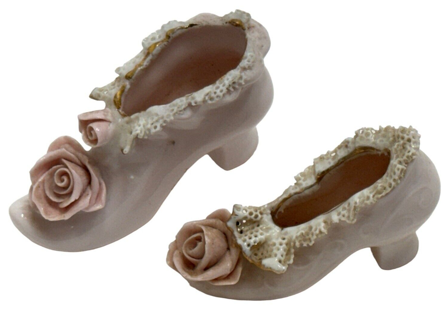 Vintage Lefton Pink Roses Porcelain Miniature Ladies Shoes Ruffled Edges Dress