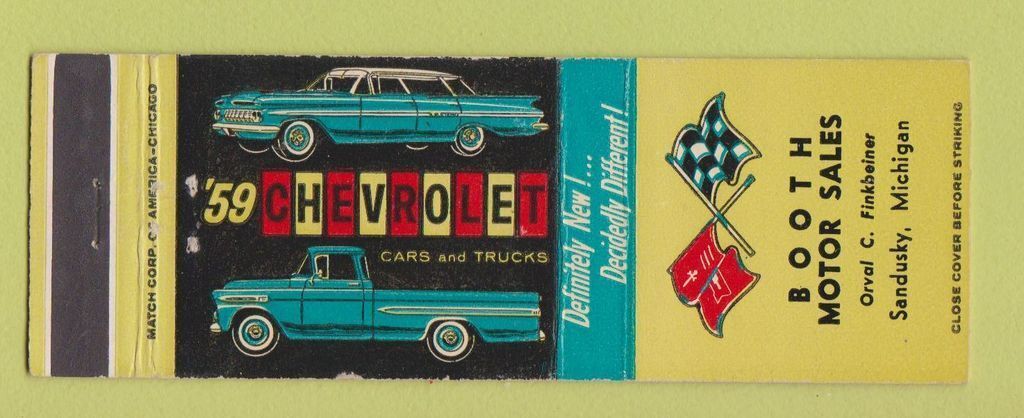 Matchbook Cover - 1959 Chevrolet Booth Motors Sandusky MI