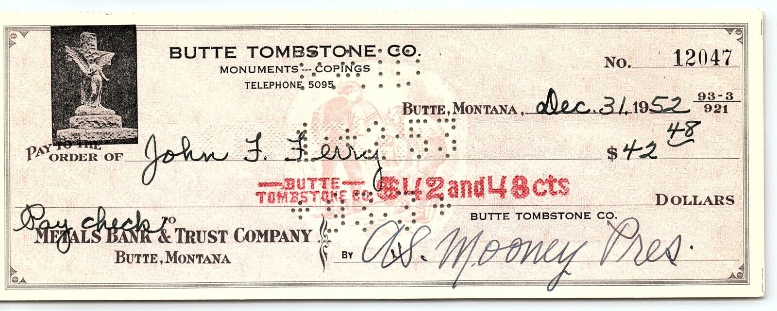 1952 BUTTE MONTANA BUTTE TOMBSTONE CO METALS BANK & TRUST COMPANY CHECK Z1649