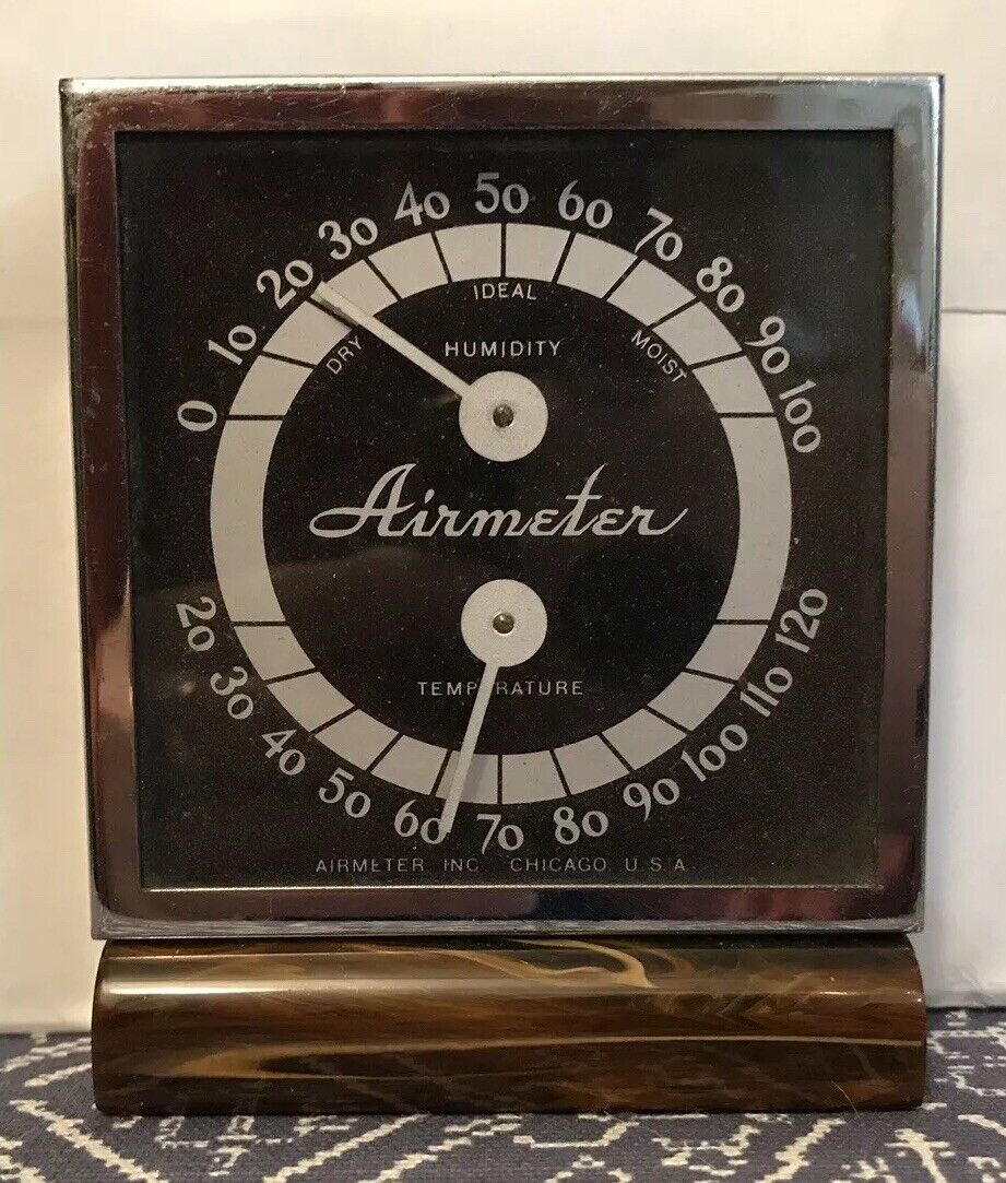 Vintage 1930s-1950s, Airmeter Inc Thermometer, Humidity Gauge, Chrome & Bakelite