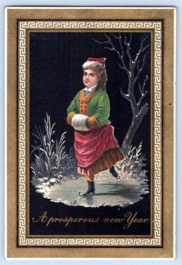 1880-90\'s VICTORIAN PROSPEROUS NEW YEARS GREETING CARD ICE SKATING GIRL