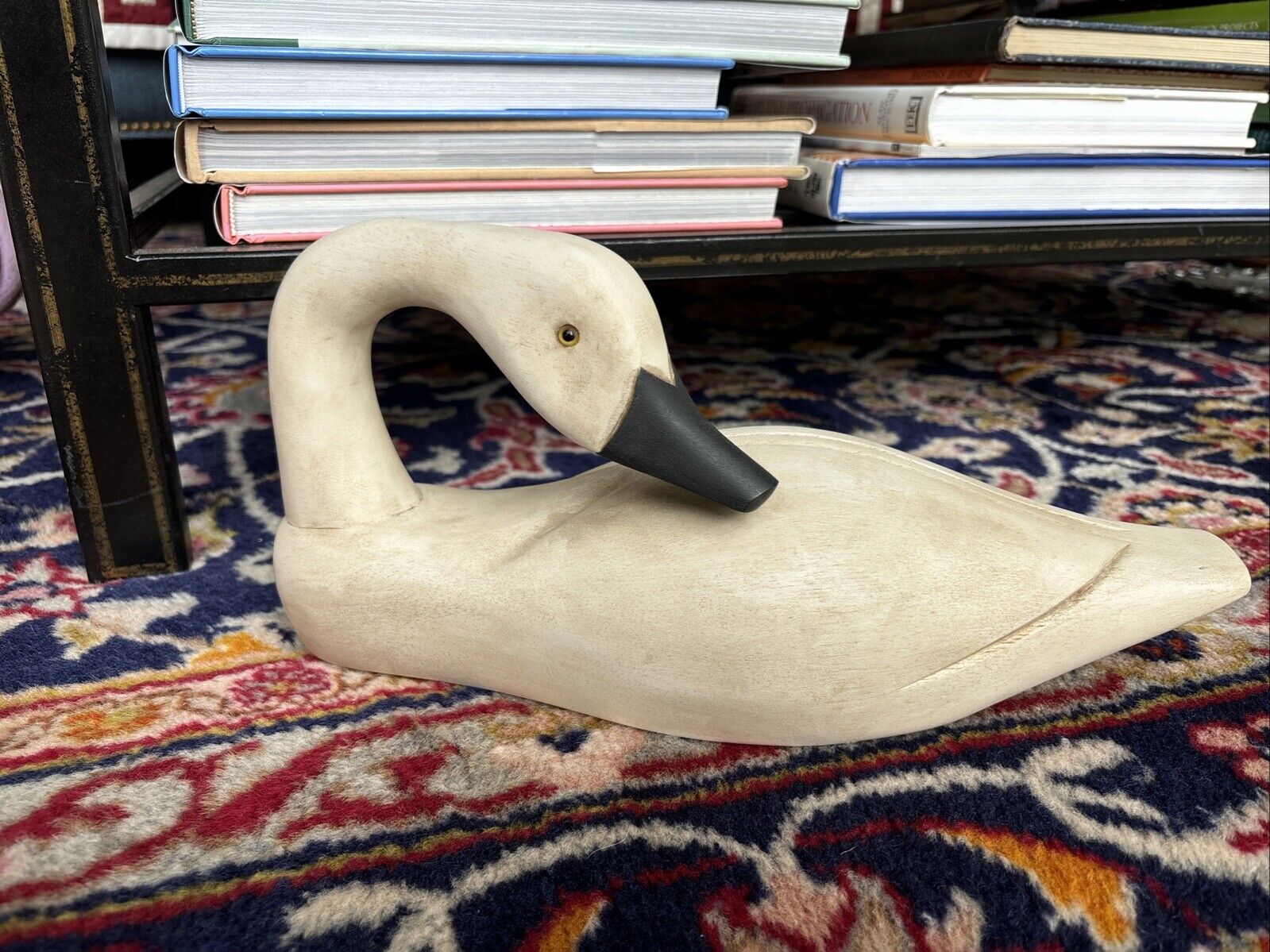 Wooden Resting Ivory Swan With Glass Eyes 12.5” By 6”