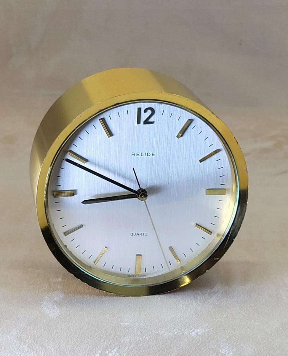 Fine 80s Relide Swiss Gilt-Brass Desk Clock 4.5\