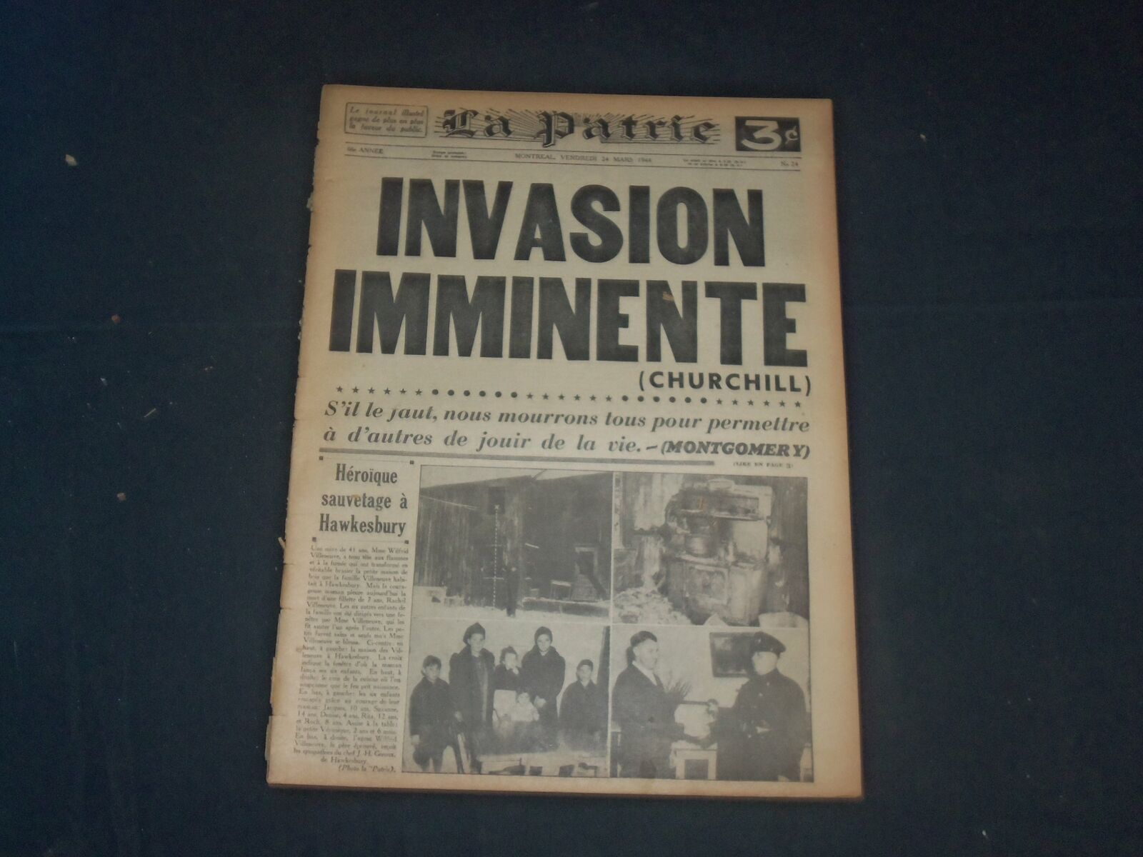 1944 MAR 24 LA PATRIE NEWSPAPER-FRENCH-INVASION IMMINENTE, SAYS CHURCHILL-FR1675