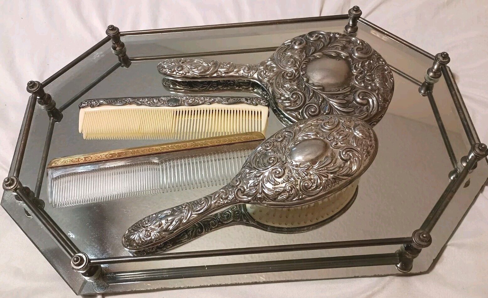 Vintage Hand Held Vanity Mirror Brush & 2 Combs Complete Set 