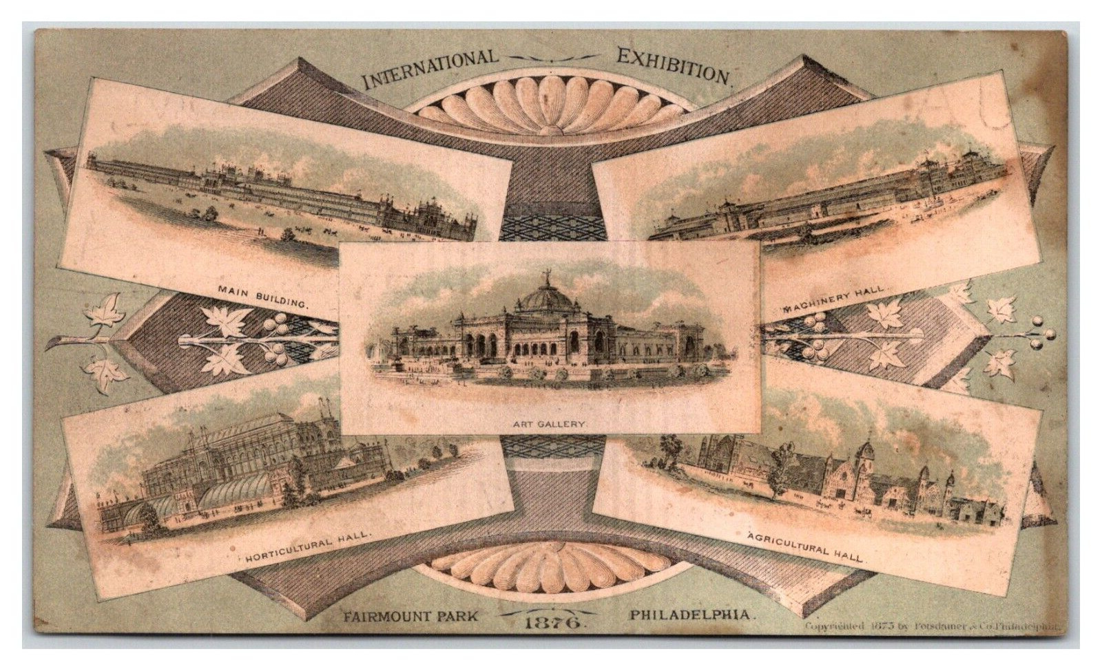 1876 International Exhibition Fairmount Park Philadelphia Card w Buildings Halls