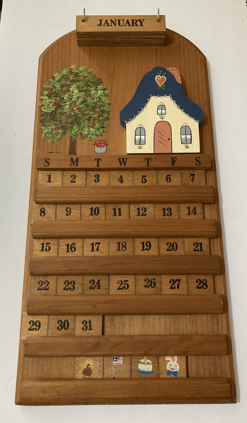 VTG Wooden Farmhouse Perpetual Calendar Cottage Shabby Chic Complete EUC
