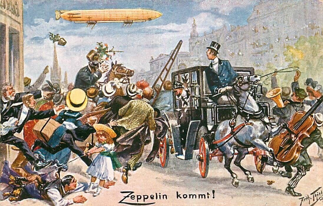 Arthur Thiele Signed Postcard Chaos in Streets as People see Zeppelin Dirigible