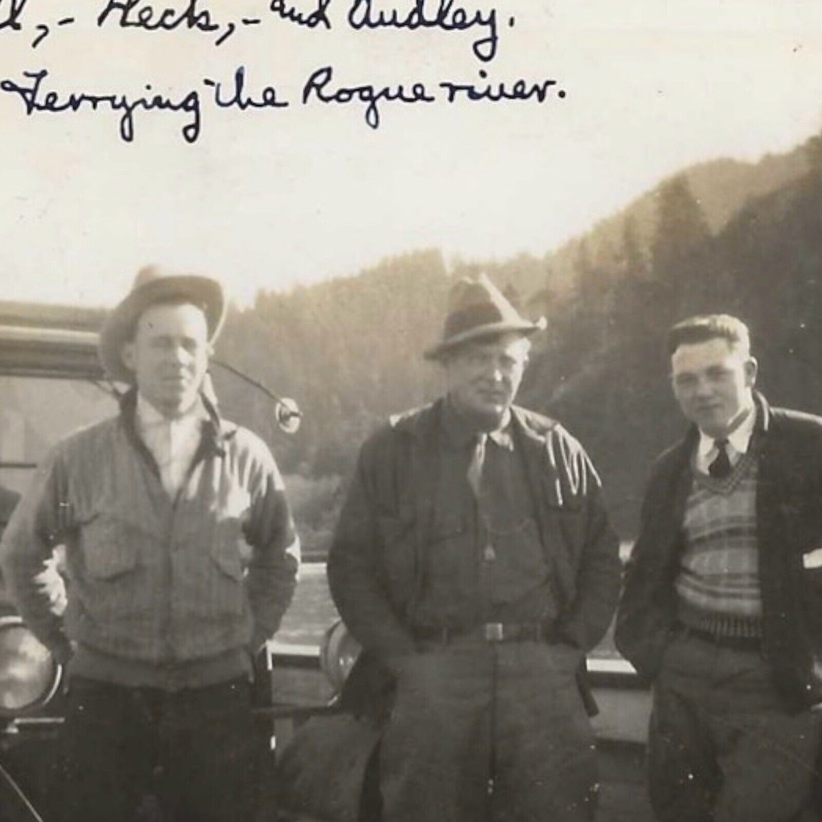 Vintage Snapshot Photo Three Dapper Men Ferrying Rogue River Oregon Car 1920s
