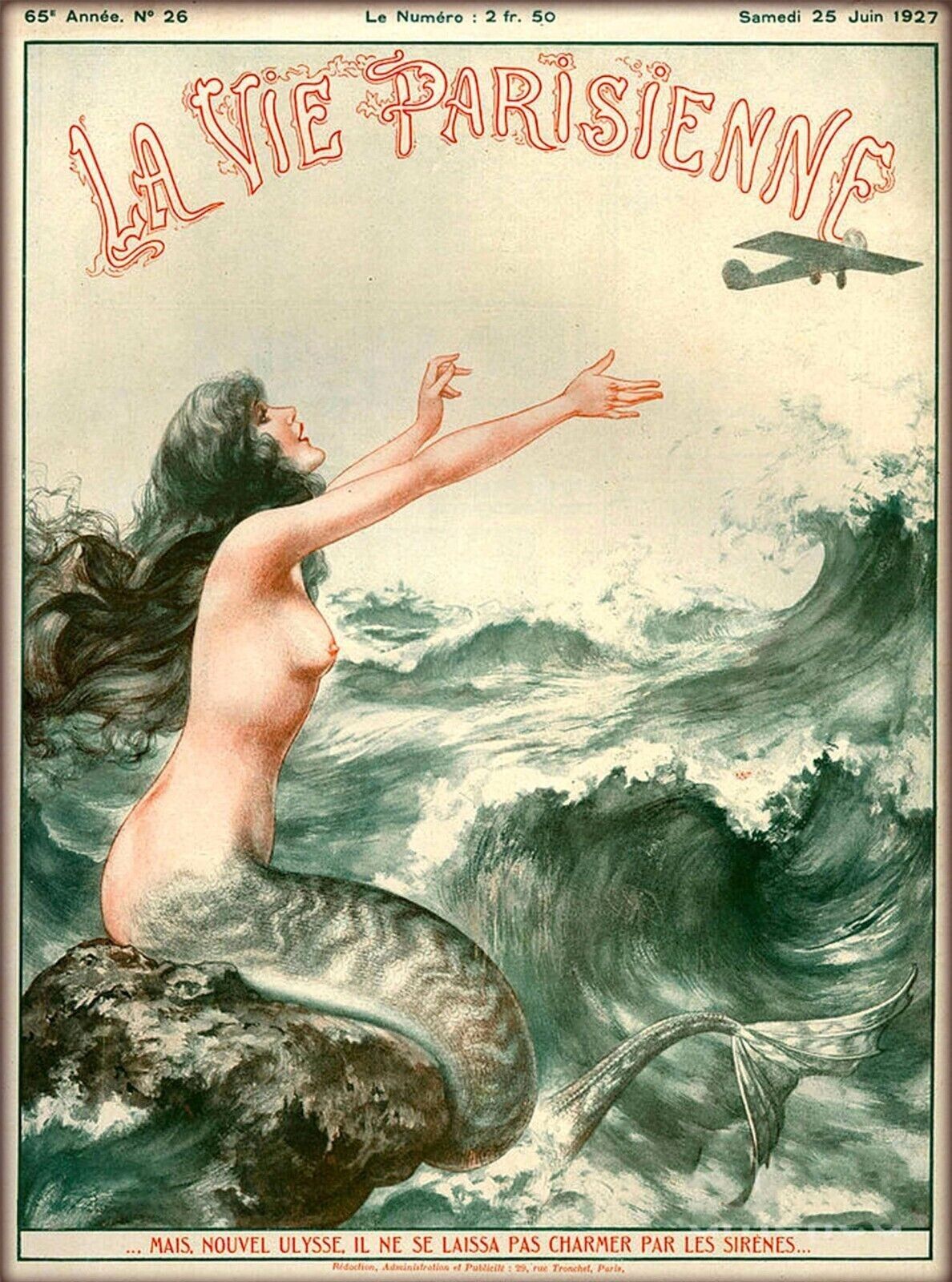 1927 La Vie Parisienne Mermaid & Airplane France Travel Ad Poster Print 13x19
