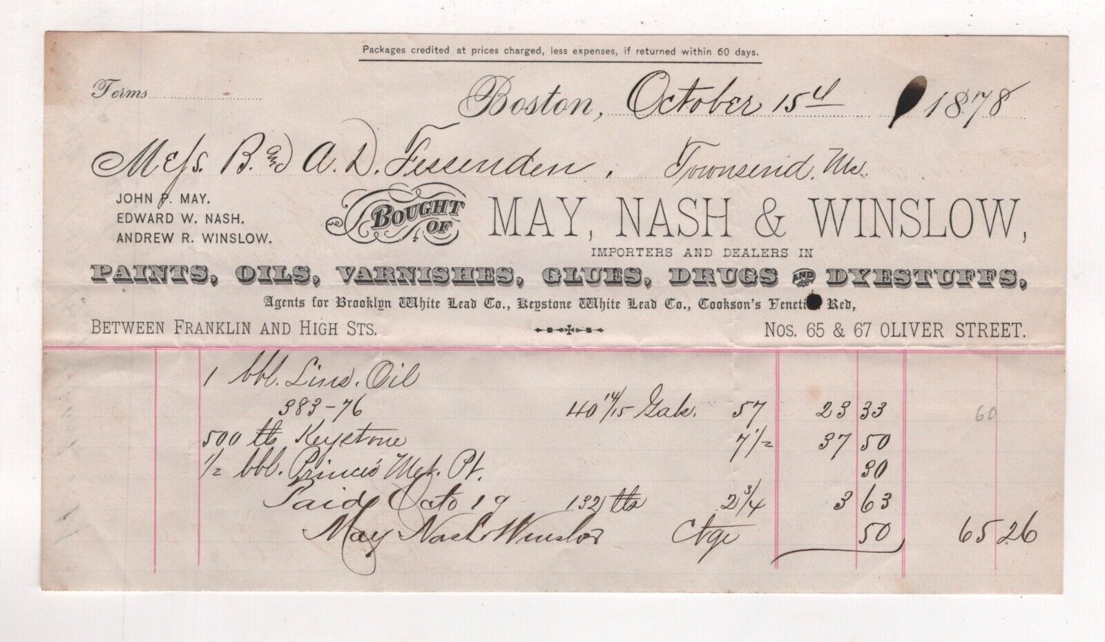 1878 MAY NASH WINSLOW BILLHEAD PAINTS OILS VARNISHES DRUGS OLIVER ST BOSTON MA