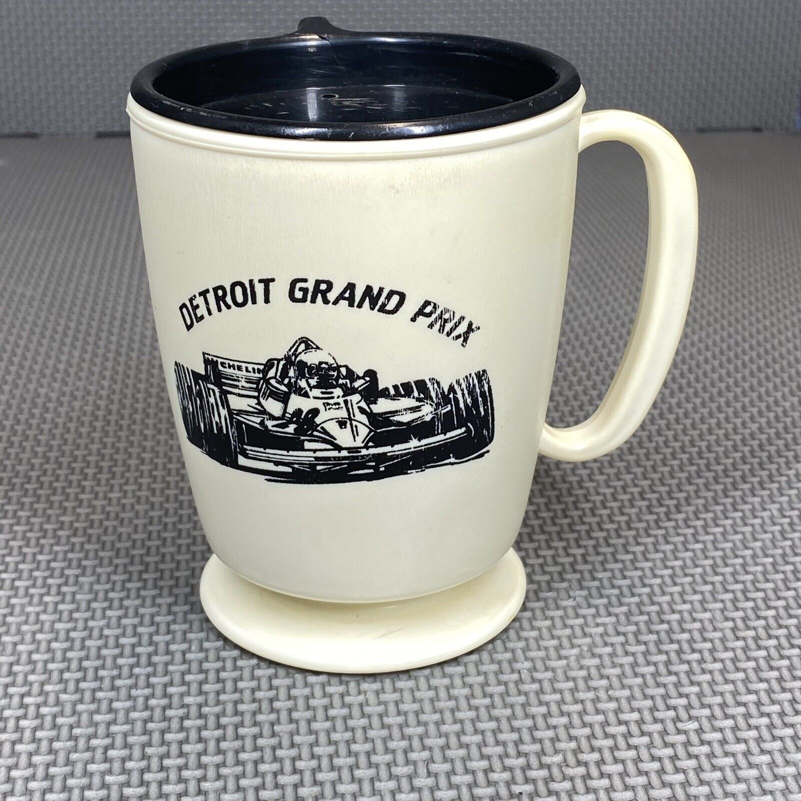 Vintage Detroit Grand Prix Stock Car Racing Thermal Travel Mug Coffee Cup Lid