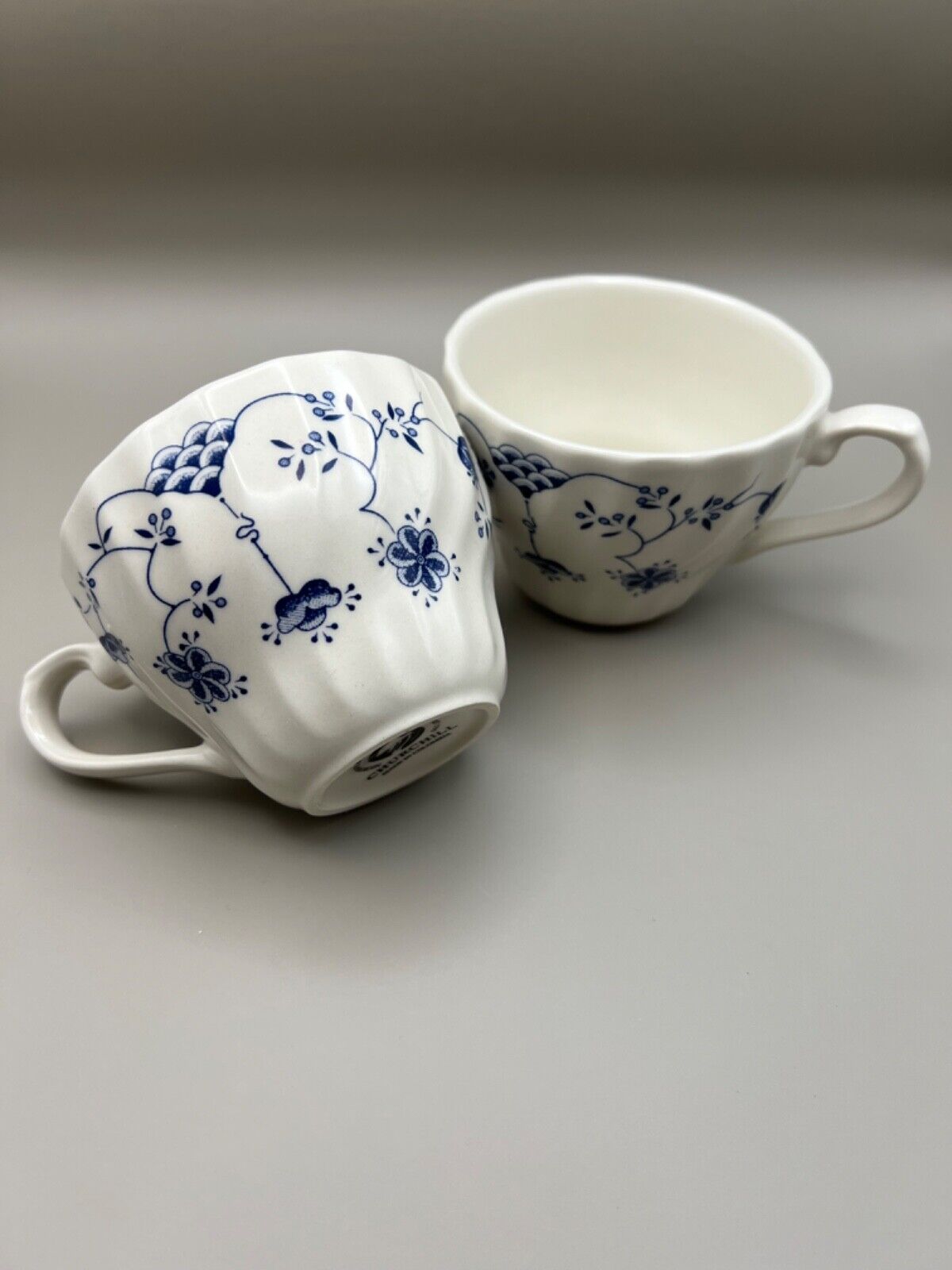 Set of 2 Churchill Tea Cups - White and Blue   Good Condition