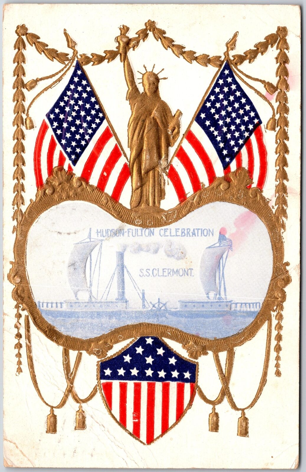 1909 Hudson Fulton Celebration Clermont Statue Liberty Flags Embossed Postcard