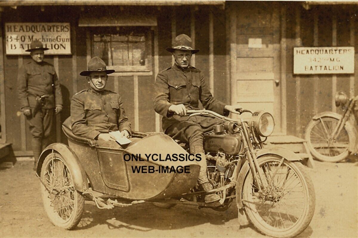 1917 WWI HARLEY DAVIDSON MOTORCYCLE SIDECAR BATTALION 8X12 PHOTO SOLDIERS OF WAR