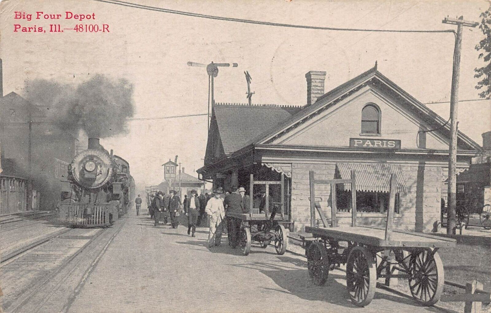 Paris IL Illinois Train Station Big Four Depot Railway Railroad 1913 Postcard L4
