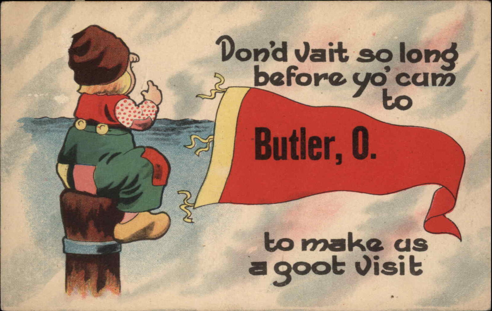 Butler Ohio OH Dutch Child Pennant Greeting c1910s Postcard