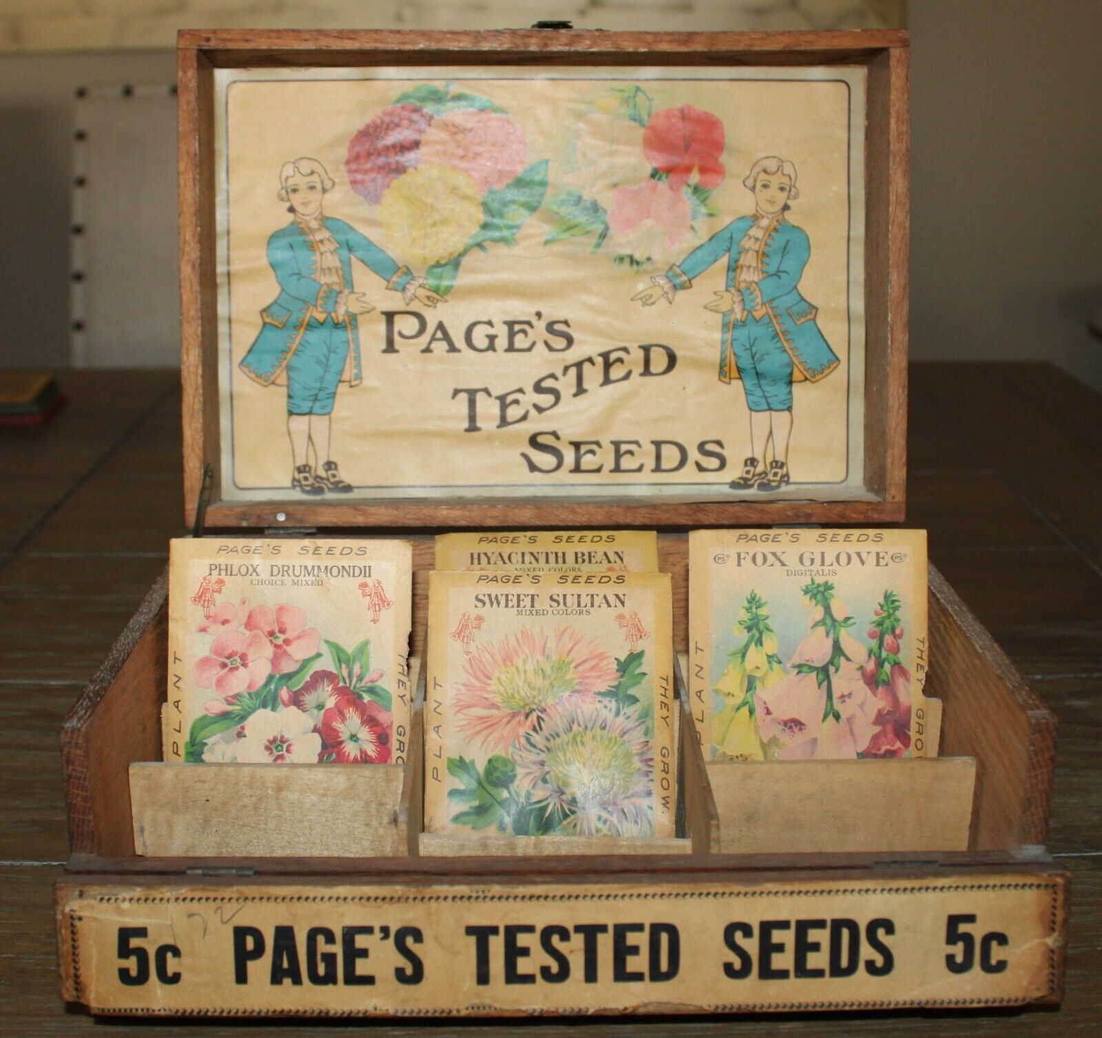 Early 1900\'s Page\'s Tested Seeds Dovetailed Oak Seed Box Retail Display w/ Seeds