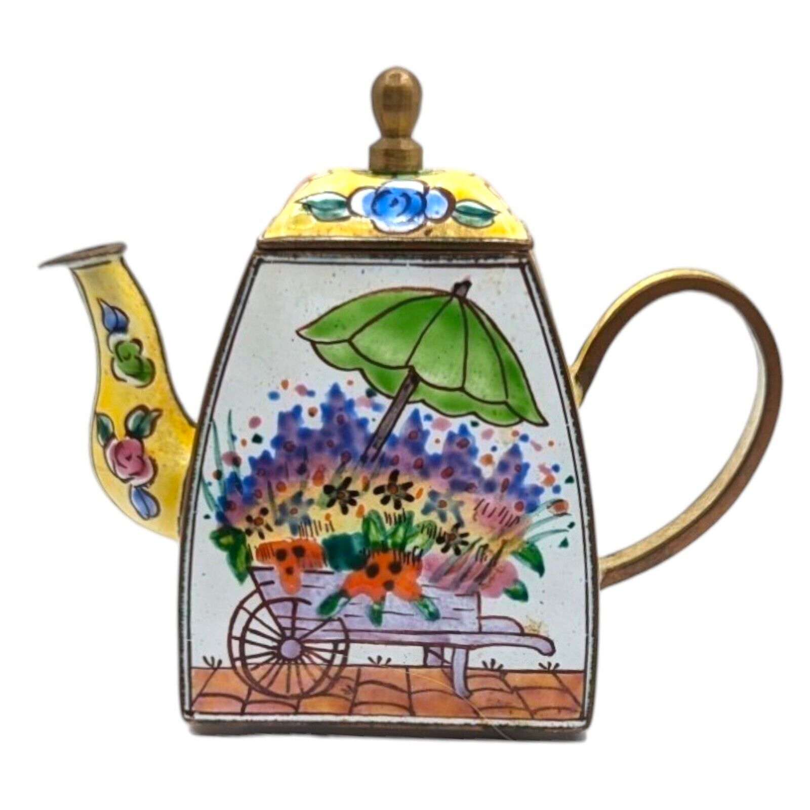 Mini Enamel Teapot Handpainted Flower Cart Floral Umbrella Yellow READ